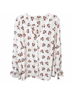 Loft Plus Floral Bouquets White Blouse Size 18 V-neck Button-Up Ruffle Cuff